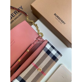 Burberry Fashion Plaid Leather Chain Bag For Women Rose Red
