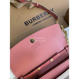 Burberry Fashion Plaid Leather Chain Bag For Women Rose Red