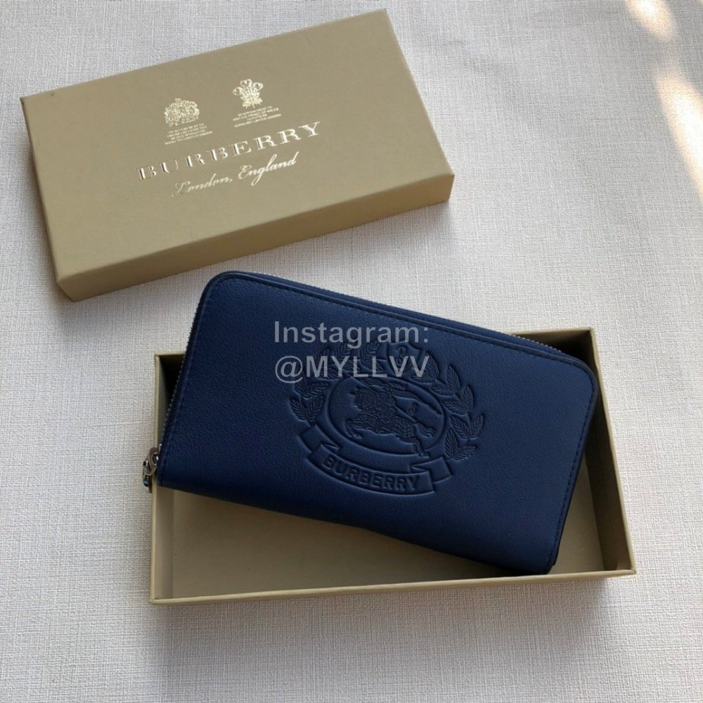 Burberry New Embossed Leather Long Zipper Wallet Dark Blue