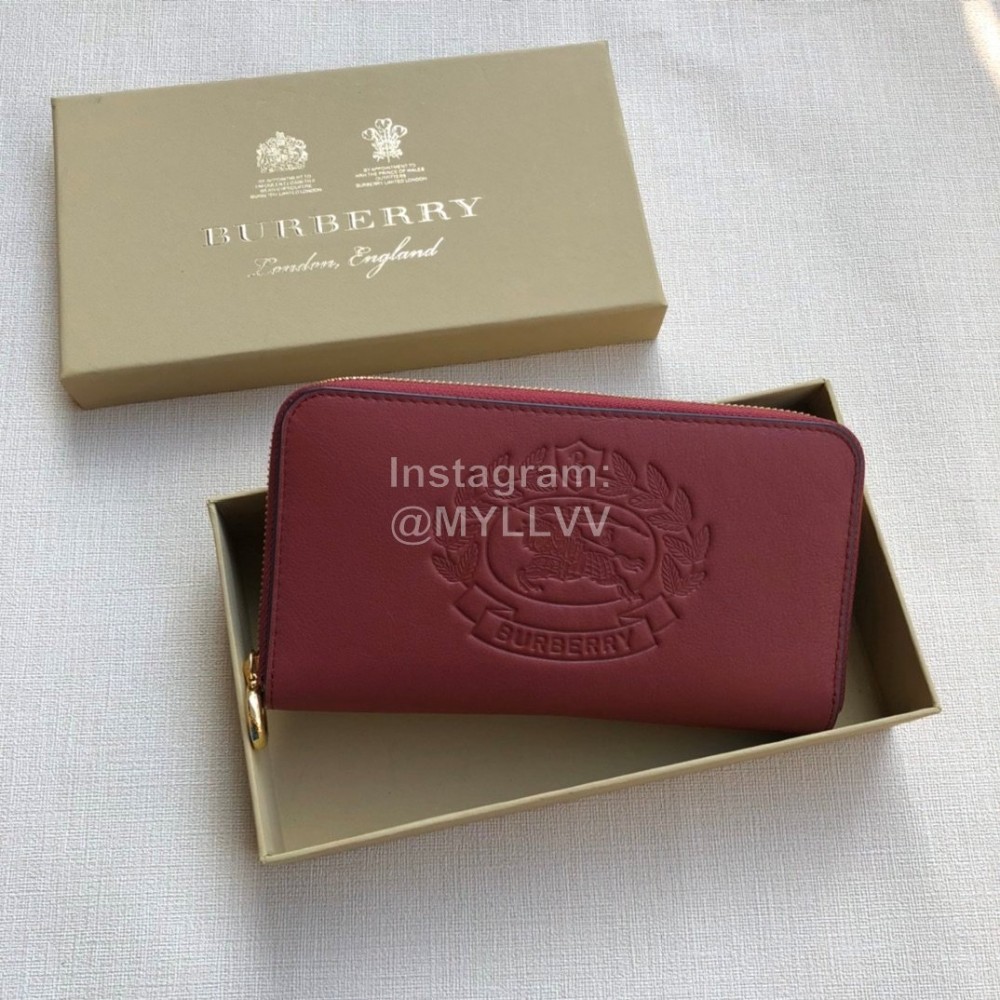 Burberry New Embossed Leather Long Zipper Wallet Purplish Red