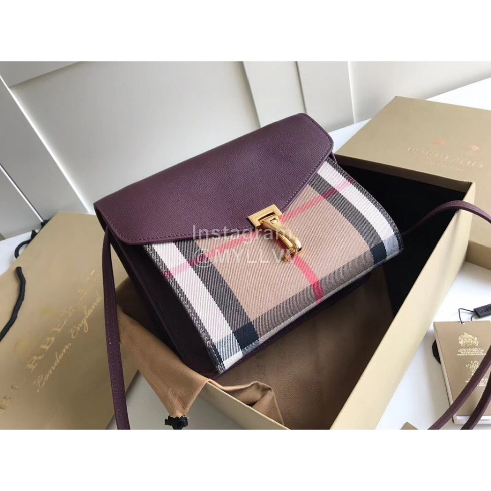 Burberry Grain Leather Checkered Messenger Bag Purple