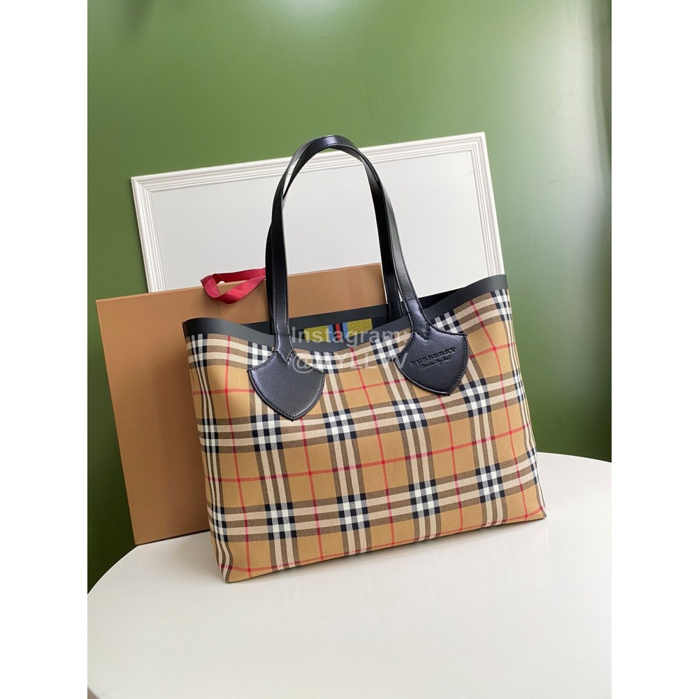 Burberry Canvas Plaid Tote Bag Brown