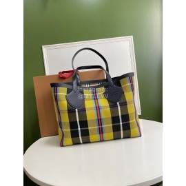 Burberry Canvas Plaid Tote Bag Brown