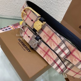 Burberry Pink Plaid Leather Gold Needle Buckle 35mm Belts 