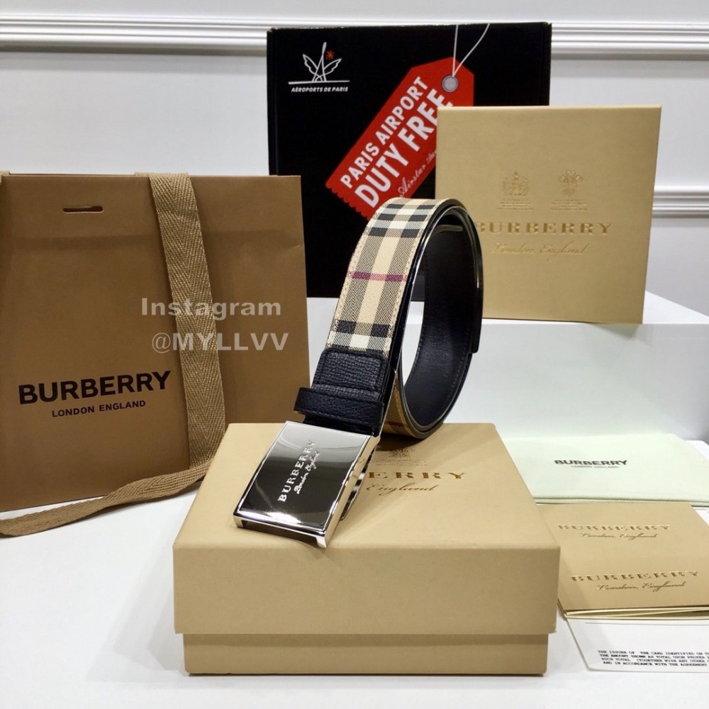 Burberry New Plaid Calf Silver Buckle 35mm Belts 