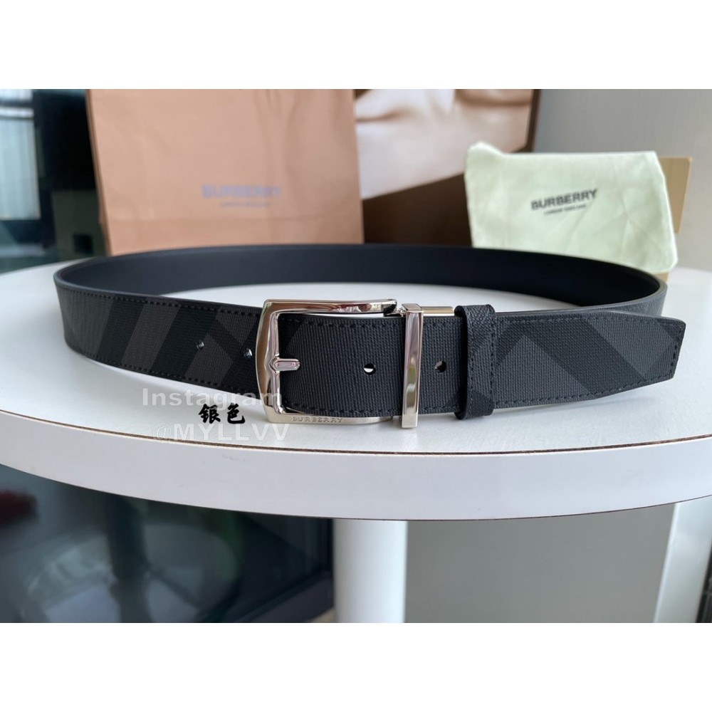Burberry New London Plaid Calf Leather Silver Pin Buckle 35mm Belt