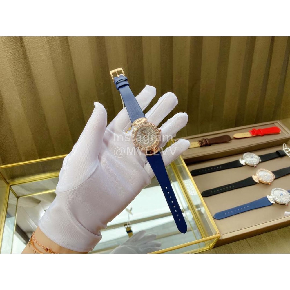 Bvlgari 36mm Diamond Gold Dial Soft Strap Watch For Women Blue