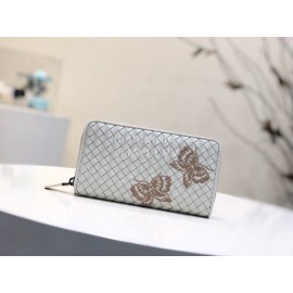 Bottega Veneta Butterfly Design Small Sheepskin Woven Long Zipper Wallet White 114076
