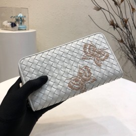 Bottega Veneta Butterfly Design Small Sheepskin Woven Long Zipper Wallet White 114076