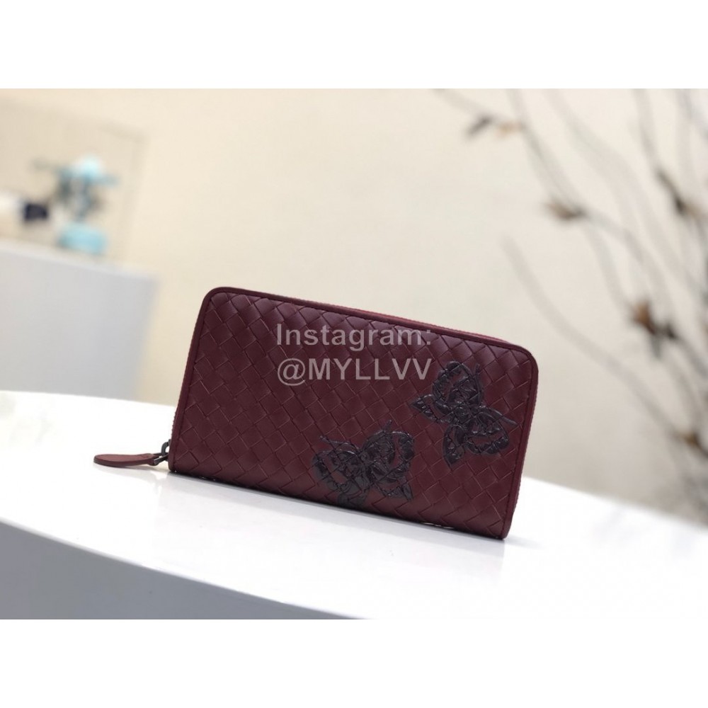 Bottega Veneta Butterfly Design Small Sheepskin Woven Long Zipper Wallet Purplish Red 114076