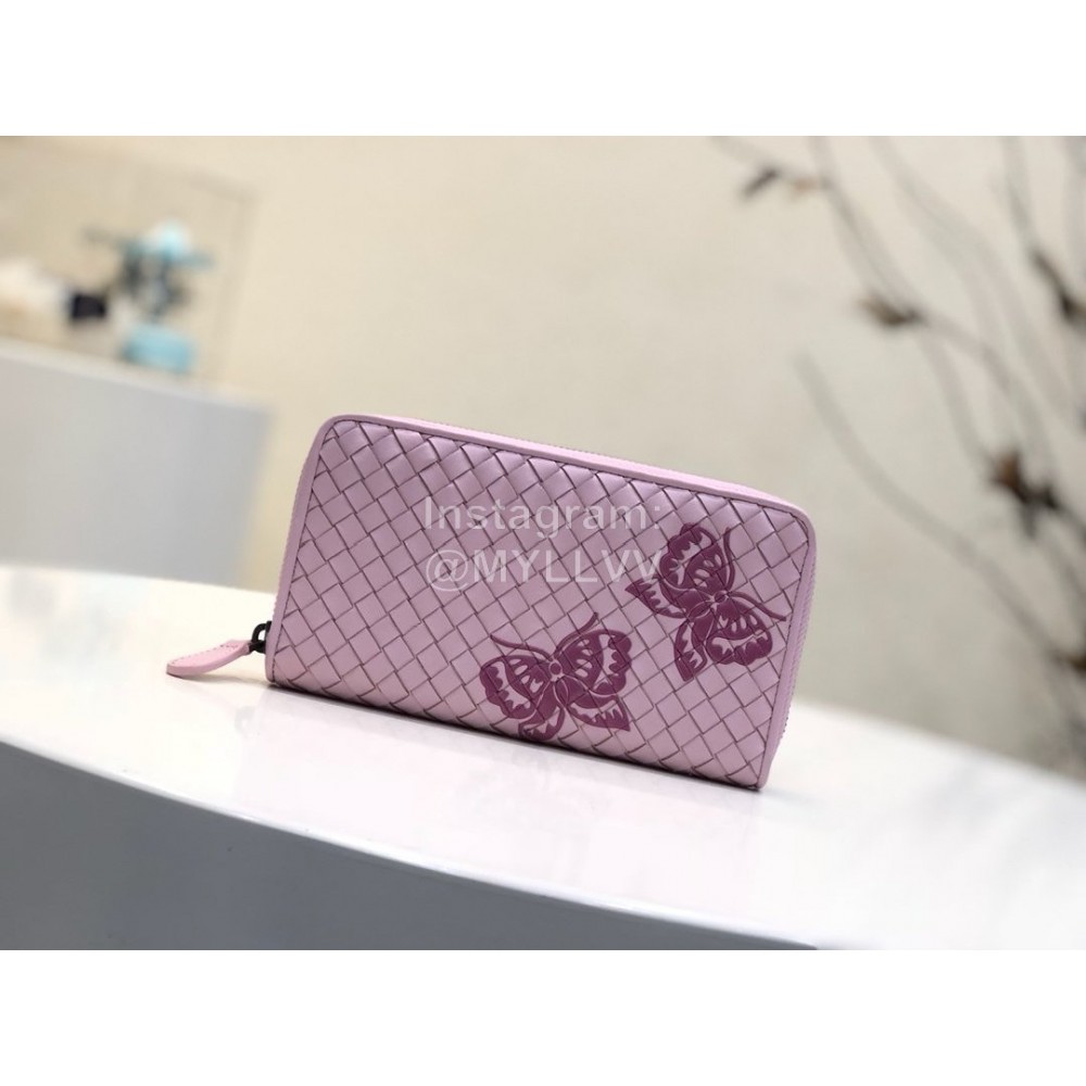 Bottega Veneta Butterfly Design Small Sheepskin Woven Long Zipper Wallet Pink 114076