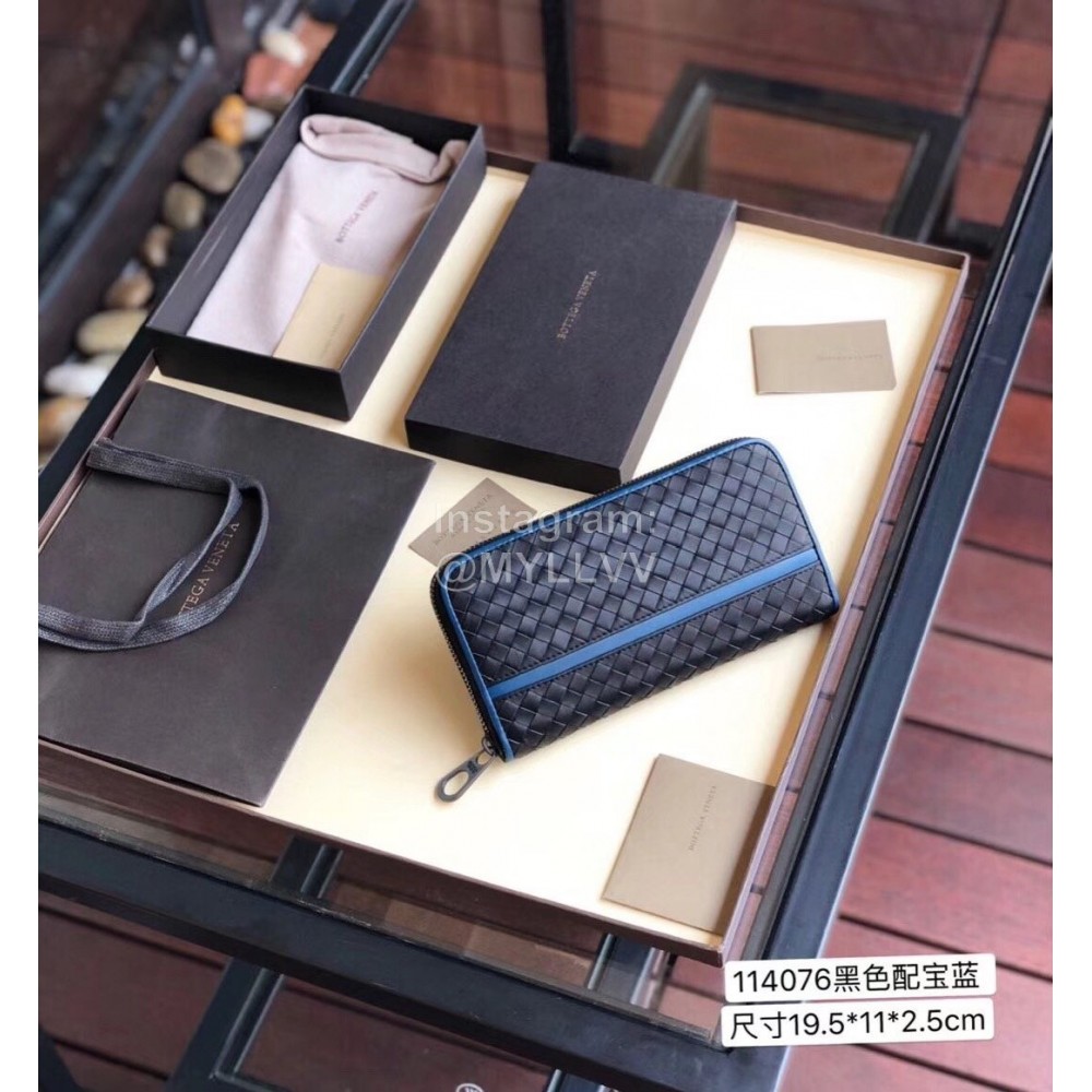 Bottega Veneta Classic Cowhide Woven Long Zipper Wallet Blue 114076