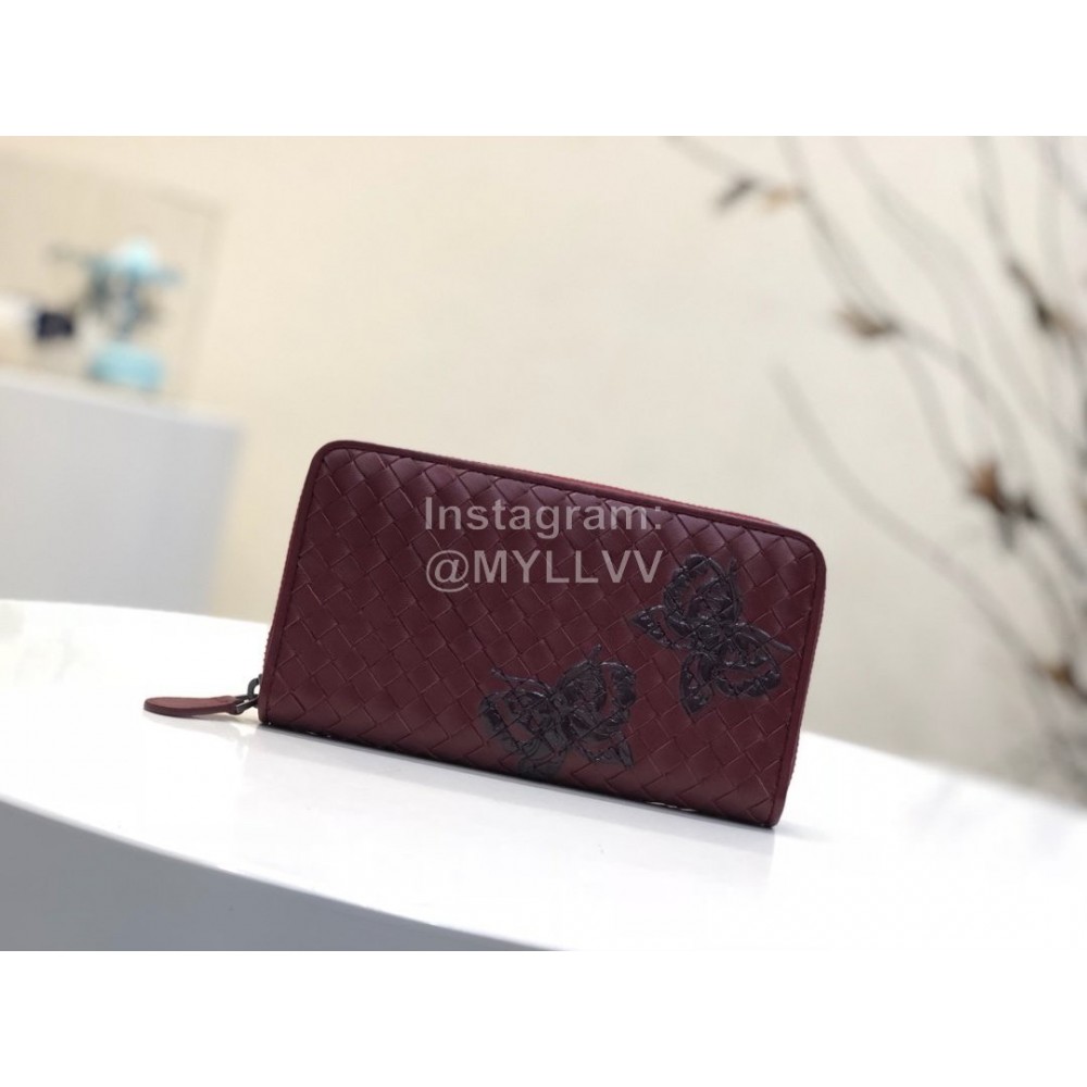 Bottega Veneta Fashionable Lambskin Knitted Butterfly Zipper Purse Wine Red 114077