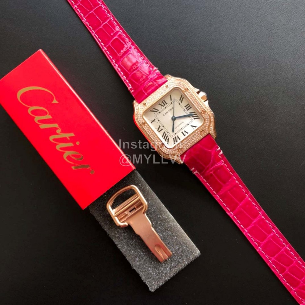 Cartier Santos Quick Switch Strap Diamond Watch Rose Red