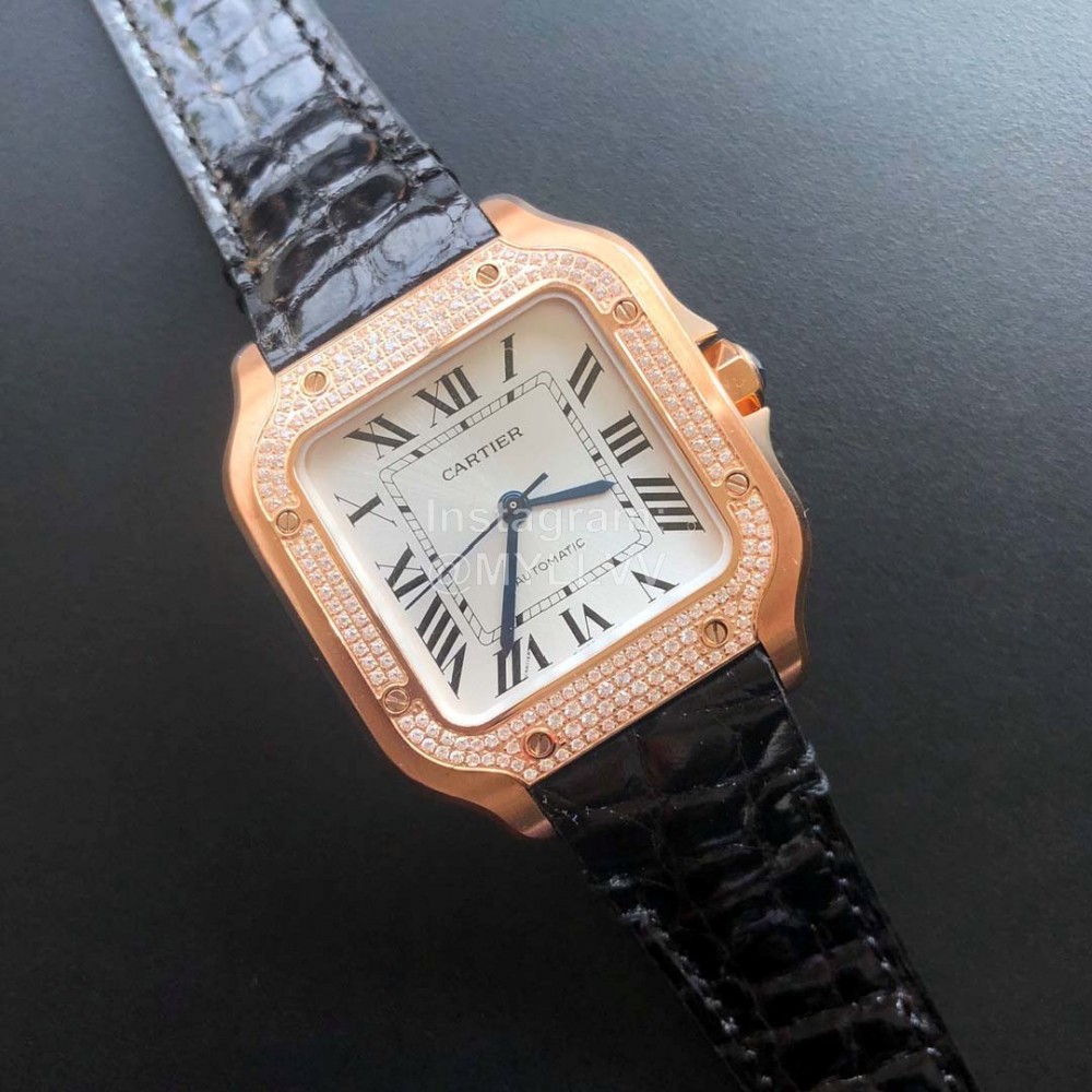 Cartier Santos Quick Switch Strap Diamond 30m Waterproof Watch Black