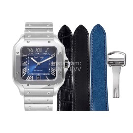 Cartier Santos Series Square Dial Steel Strap Watch Blue