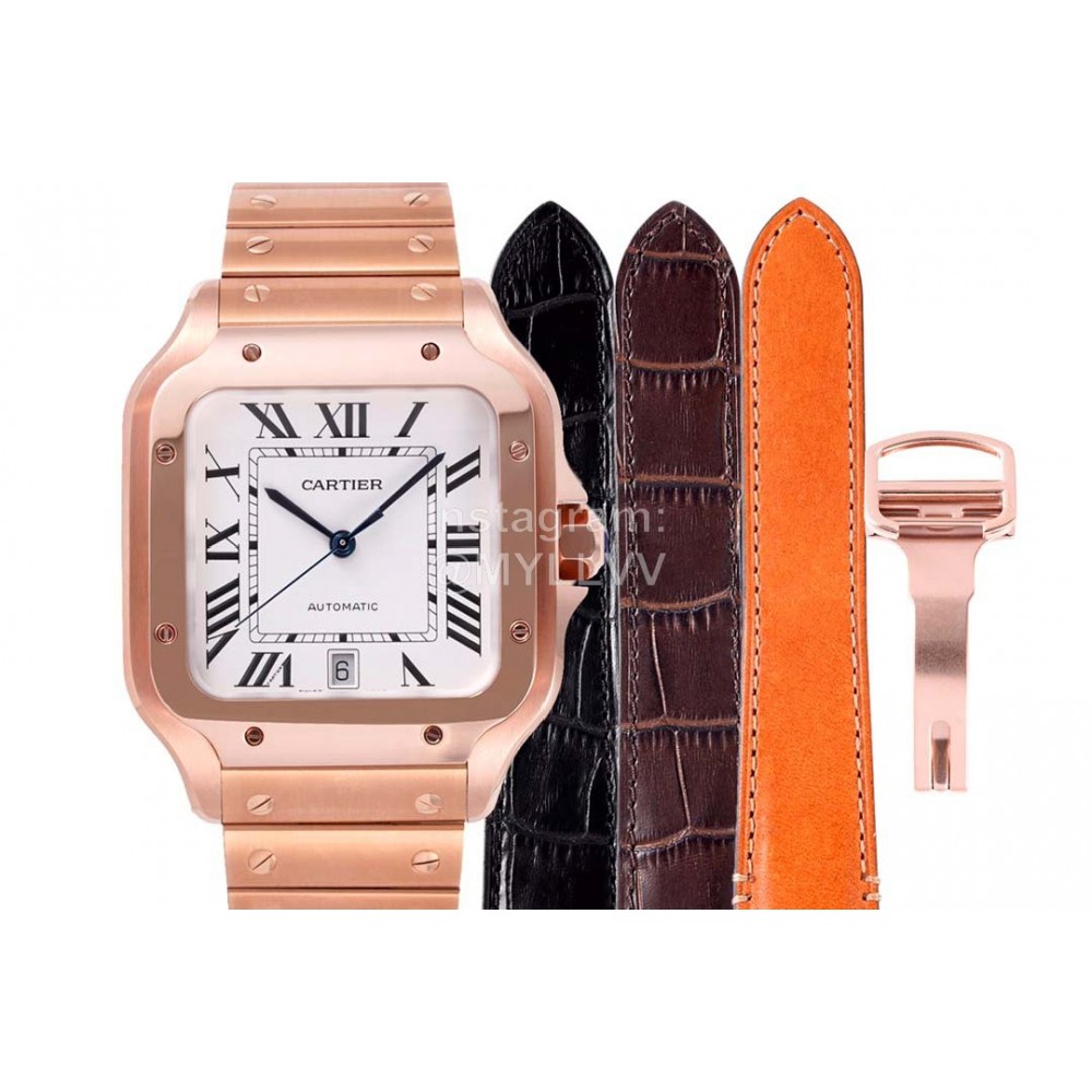 Cartier Santos Series Square Dial Steel Strap Watch Rose Gold