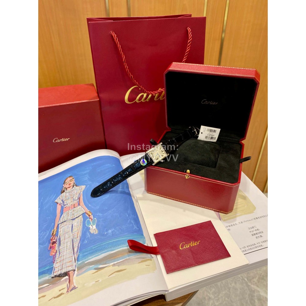 Cartier Tank Roman Numerals Square Dial Black Leather Strap Watch