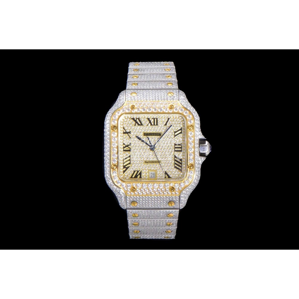 Cartier Fashion 40mm Diamond Gold Dial Steel Strap Watch