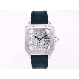 Cartier Square Hollow Dial Leather Strap Watch Silver