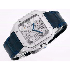 Cartier Square Hollow Dial Leather Strap Watch Silver
