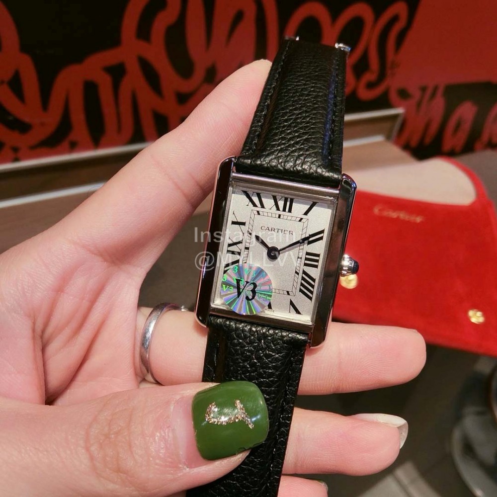 Cartier Tank Series 316l Refined Steel Leather Strap Watch Black