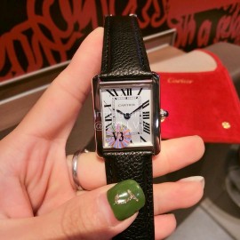 Cartier Tank Series 316l Refined Steel Leather Strap Watch Black