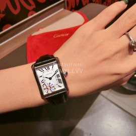 Cartier Tank Series 316l Refined Steel Leather Strap Watch Black