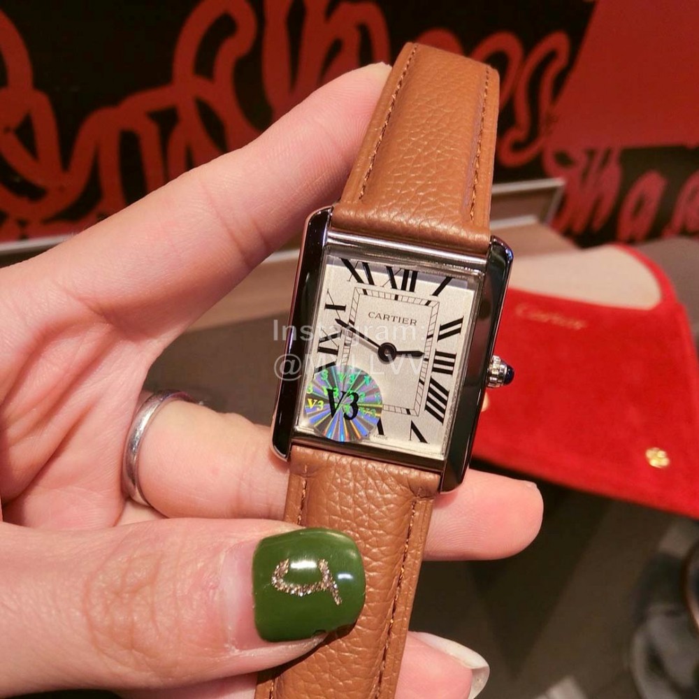 Cartier Tank Series 316l Refined Steel Leather Strap Watch Brown