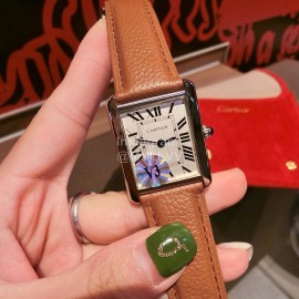 Cartier Tank Series 316l Refined Steel Leather Strap Watch Brown