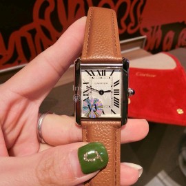 Cartier Tank Series 316l Refined Steel Leather Strap Watch Brown