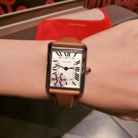 Cartier Tank Series 316l Refined Steel Leather Strap Watch Brown