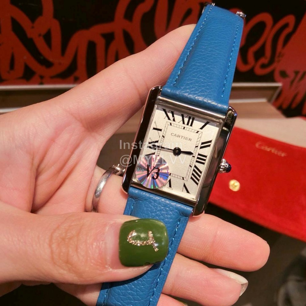 Cartier Tank Series 316l Refined Steel Leather Strap Watch Blue