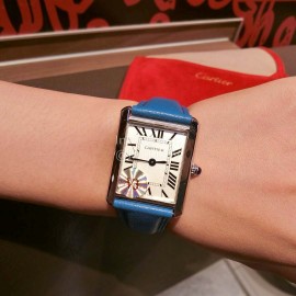 Cartier Tank Series 316l Refined Steel Leather Strap Watch Blue