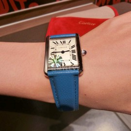 Cartier Tank Series 316l Refined Steel Leather Strap Watch Blue