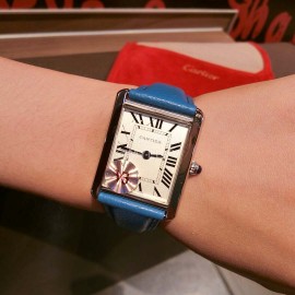 Cartier Tank Series 316l Refined Steel Leather Strap Watch Blue