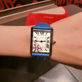 Cartier Tank Series 316l Refined Steel Leather Strap Watch Blue