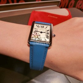 Cartier Tank Series 316l Refined Steel Leather Strap Watch Blue