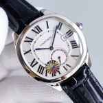 Drive De Cartier Roman Numerals Leather Strap Watch Silver