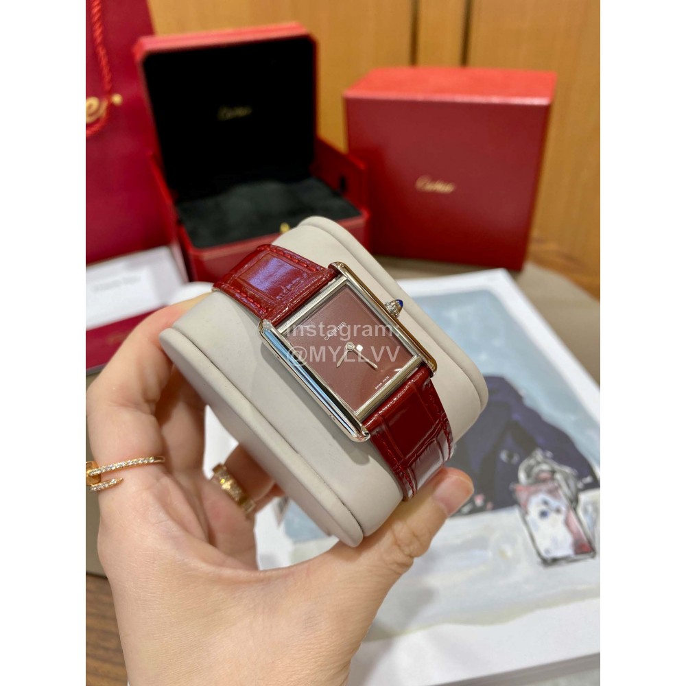 Cartier Tank Must Square Dial Leather Strap Watch Reddish Brown