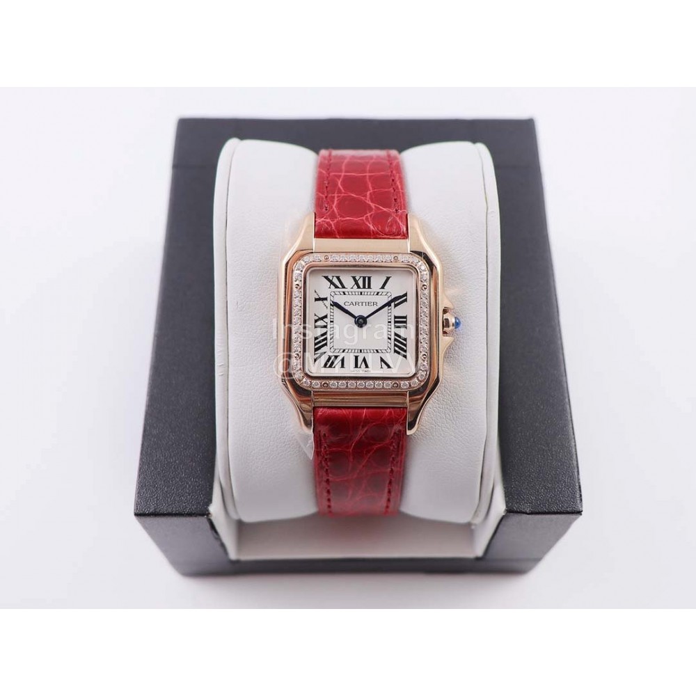 PanthèRe De Cartier Leather Strap Diamond Square Dial Watch Red