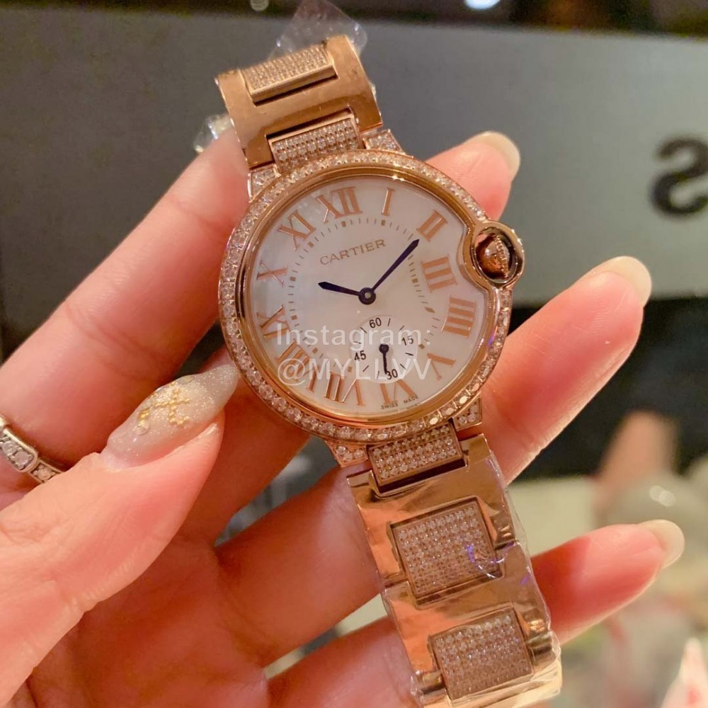 Ballon Bleu De Cartier Roman Numeral Dial Diamond Gold Watch