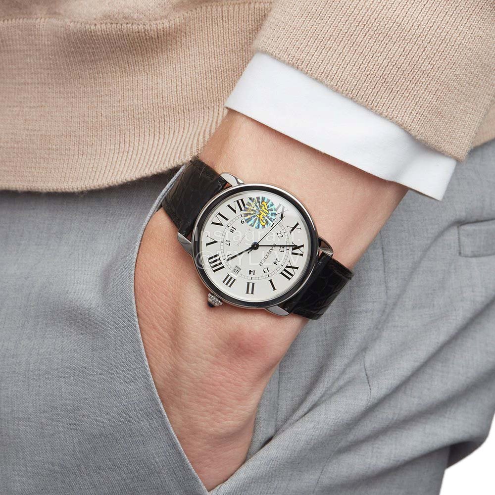 Cartier Classic Roman Numeral Dial Leather Strap Watch Black