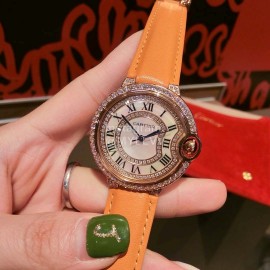 Ballon Bleu De Cartier Luxury Diamond Leather Strap Watch Orange