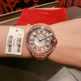 Ballon Bleu De Cartier Luxury Diamond Leather Strap Watch Orange