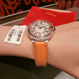 Ballon Bleu De Cartier Luxury Diamond Leather Strap Watch Orange