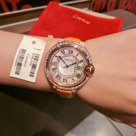 Ballon Bleu De Cartier Luxury Diamond Leather Strap Watch Orange