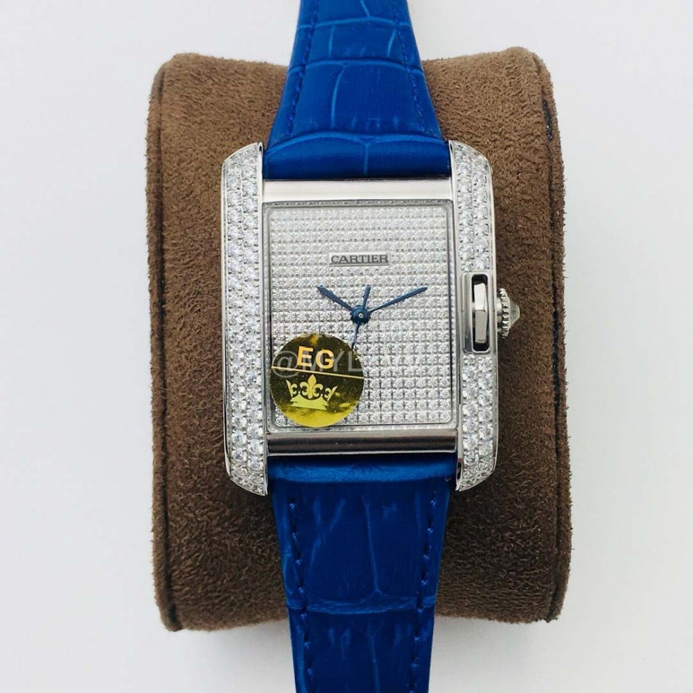 Cartier Eg Factory Tank Anglaise Diamond Dial Blue Strap Watch