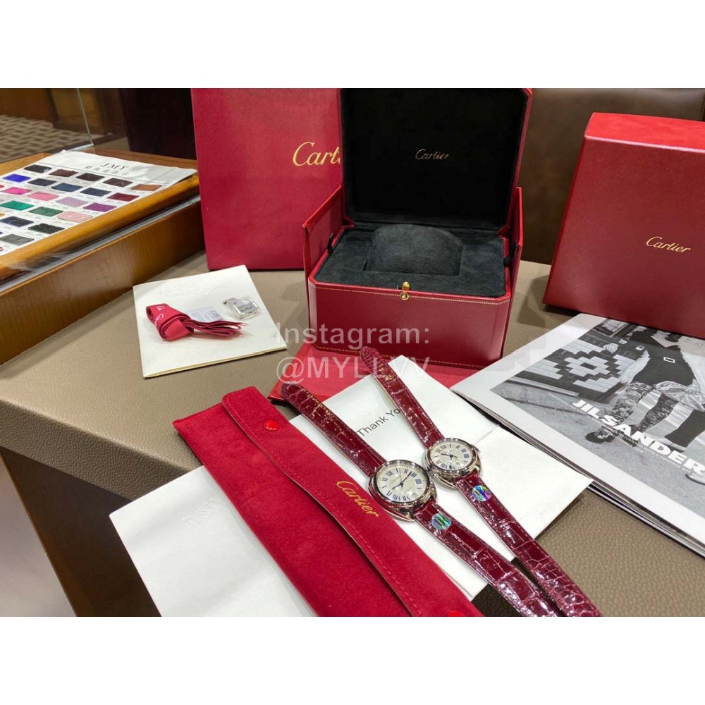 Cartier Classic Roman Numeral Dial Leather Strap Watch Wine Red