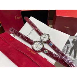 Cartier Classic Roman Numeral Dial Leather Strap Watch Wine Red